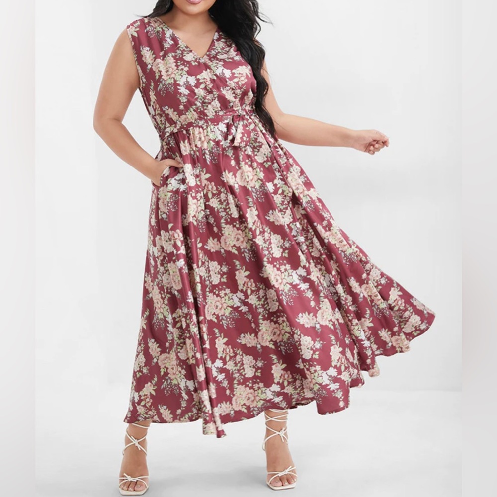 Floral Pocket Belted V Neck Flutter Maxi Dress